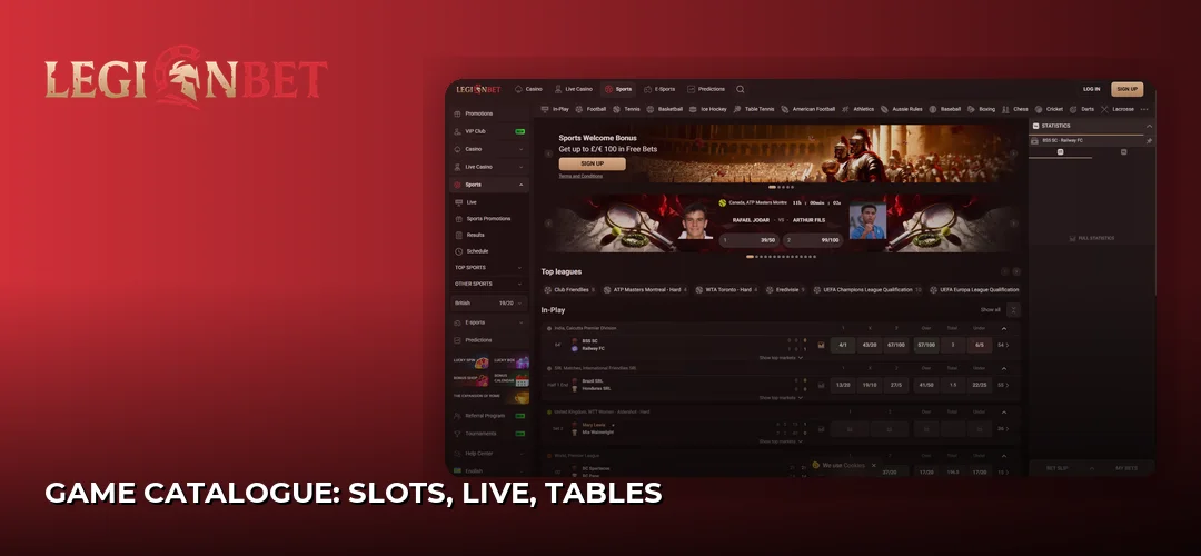 Game catalogue: slots, live, tables